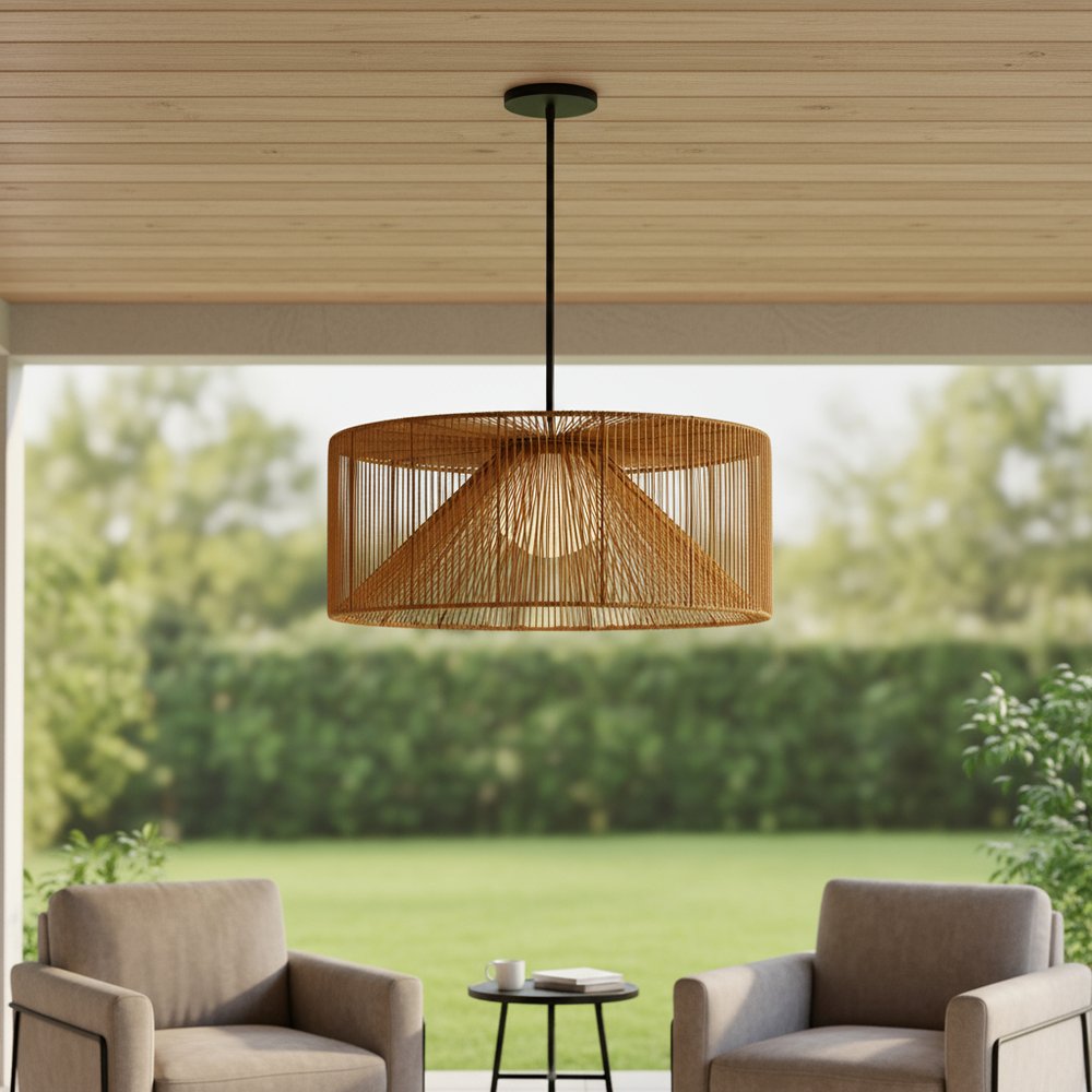 Natural And Black Rattan And Metal LED Dimmable Outdoor Hanging Pendent Light HomeRoots