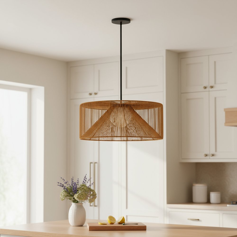 Natural And Black Rattan And Metal LED Dimmable Outdoor Hanging Pendent Light HomeRoots