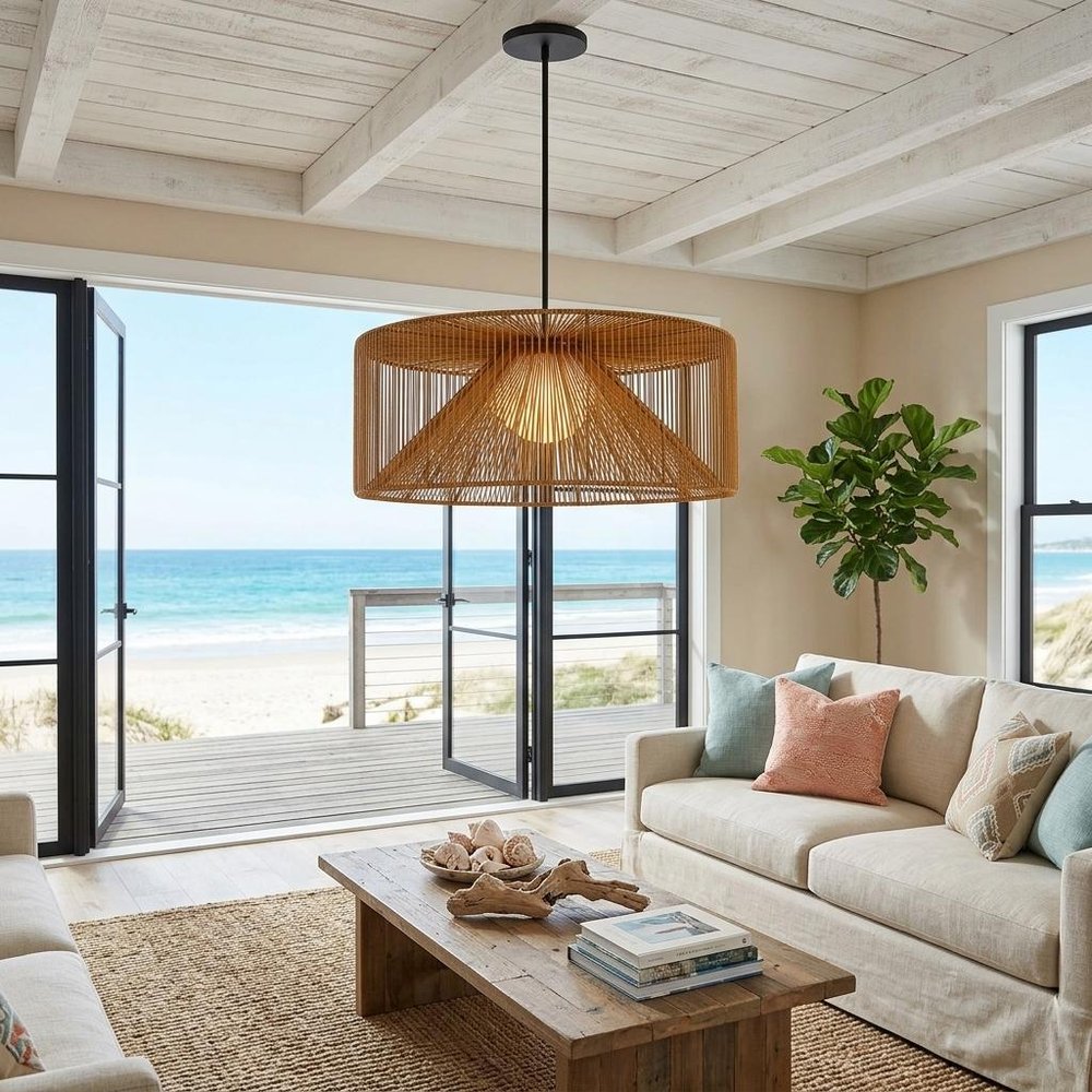 Natural And Black Rattan And Metal LED Dimmable Outdoor Hanging Pendent Light HomeRoots