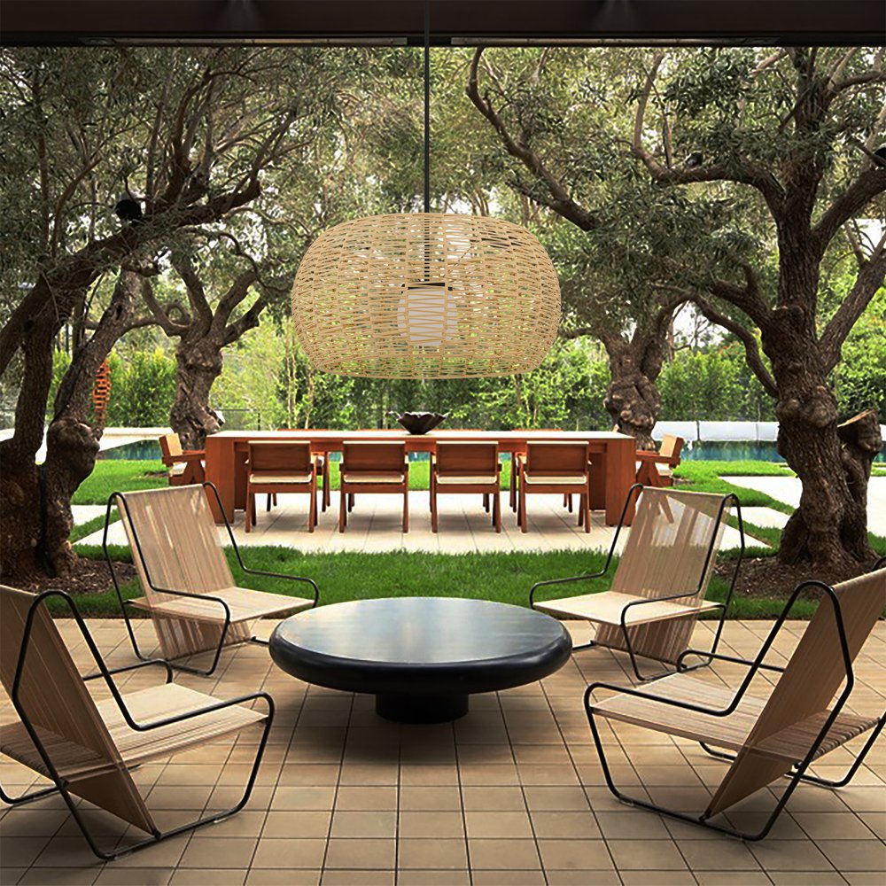Natural And Black Rattan And Metal LED Dimmable Barrel Outdoor Hanging Pendent Light HomeRoots
