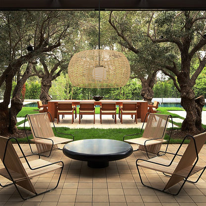 Natural And Black Rattan And Metal LED Dimmable Barrel Outdoor Hanging Pendent Light HomeRoots