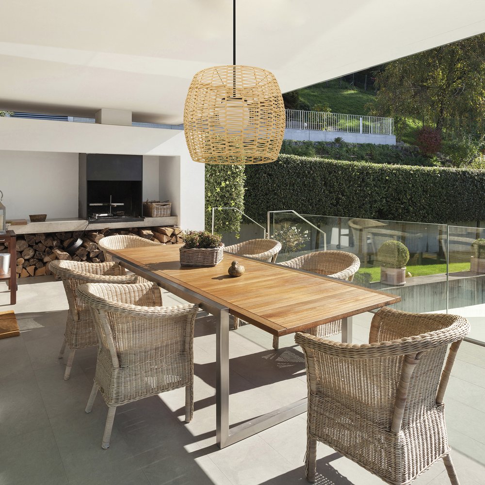Natural And Black Rattan And Metal LED Dimmable Barrel Outdoor Hanging Pendent Light HomeRoots
