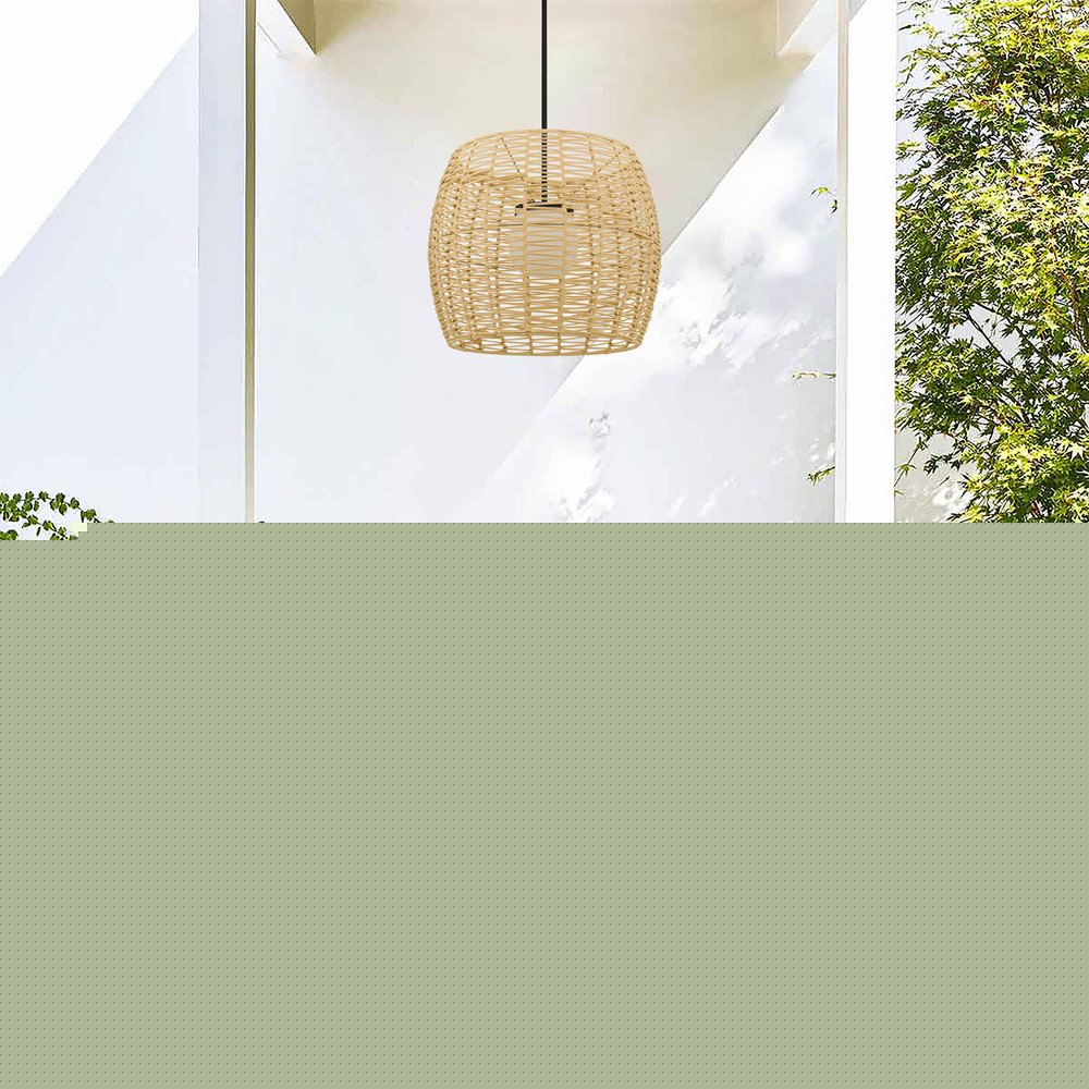 Natural And Black Rattan And Metal LED Dimmable Barrel Outdoor Hanging Pendent Light HomeRoots