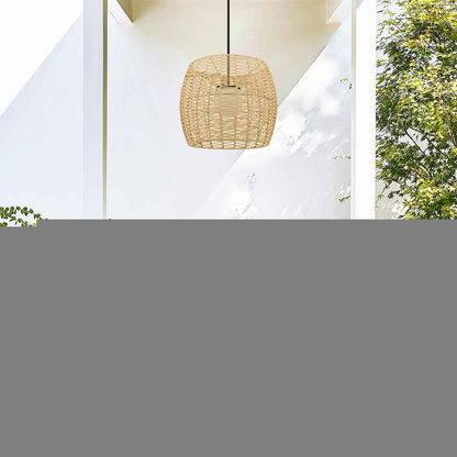 Natural And Black Rattan And Metal LED Dimmable Barrel Outdoor Hanging Pendent Light HomeRoots