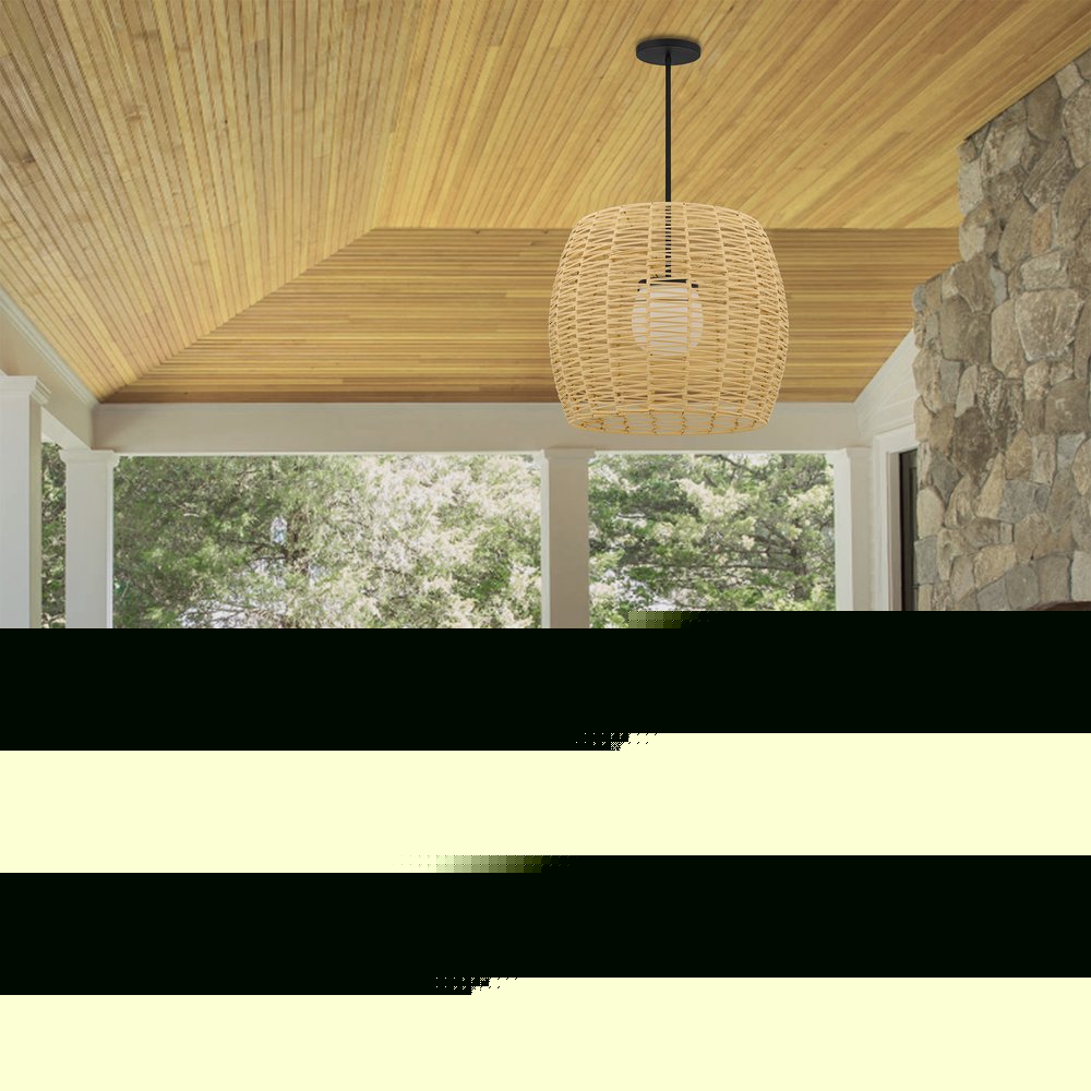 Natural And Black Rattan And Metal LED Dimmable Barrel Outdoor Hanging Pendent Light HomeRoots