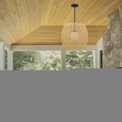 Natural And Black Rattan And Metal LED Dimmable Barrel Outdoor Hanging Pendent Light HomeRoots