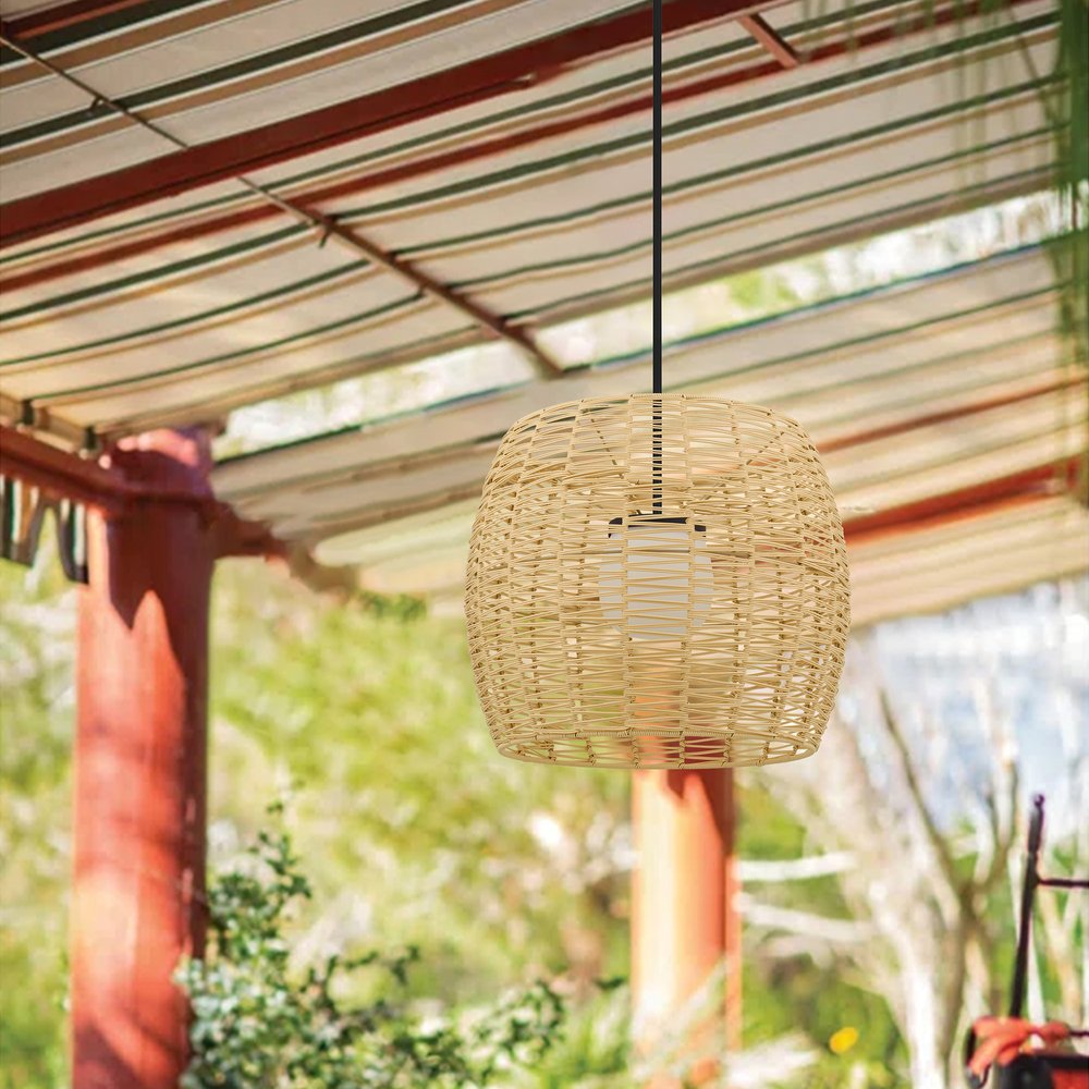 Natural And Black Rattan And Metal LED Dimmable Barrel Outdoor Hanging Pendent Light HomeRoots