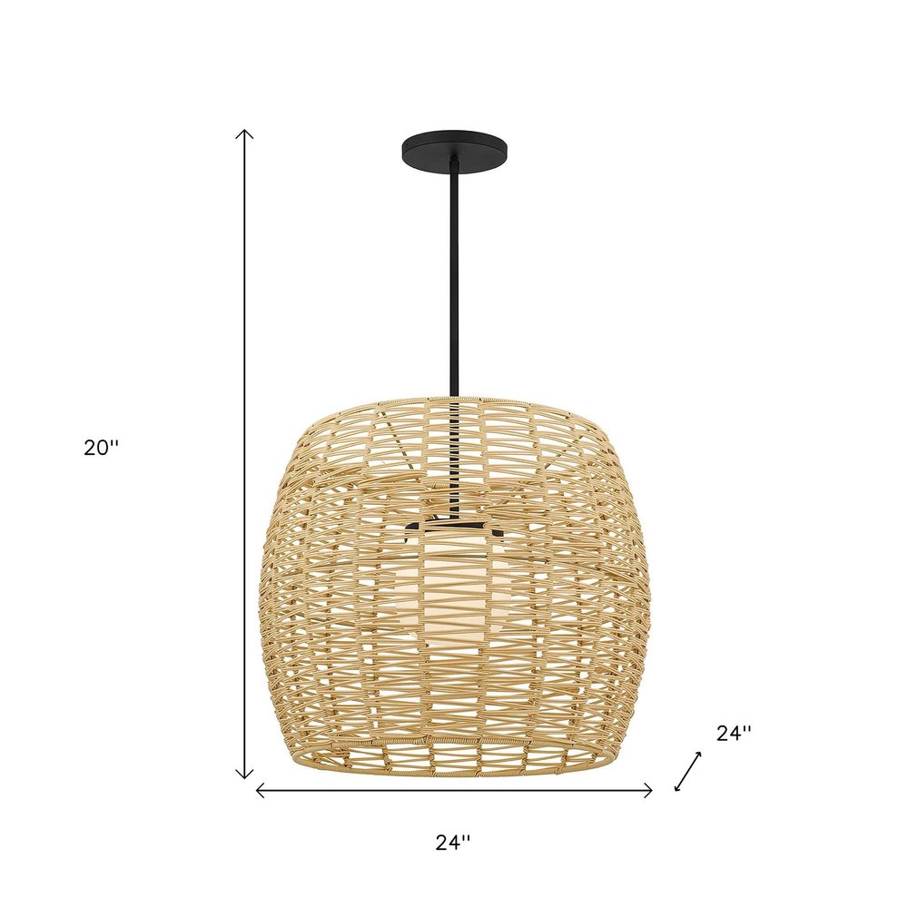 Natural And Black Rattan And Metal LED Dimmable Barrel Outdoor Hanging Pendent Light HomeRoots