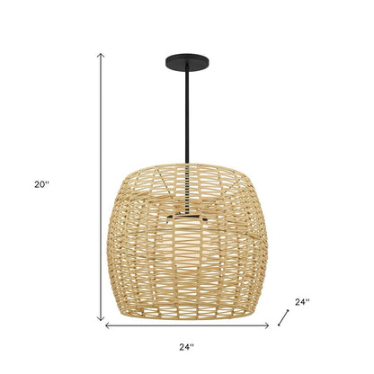 Natural And Black Rattan And Metal LED Dimmable Barrel Outdoor Hanging Pendent Light HomeRoots