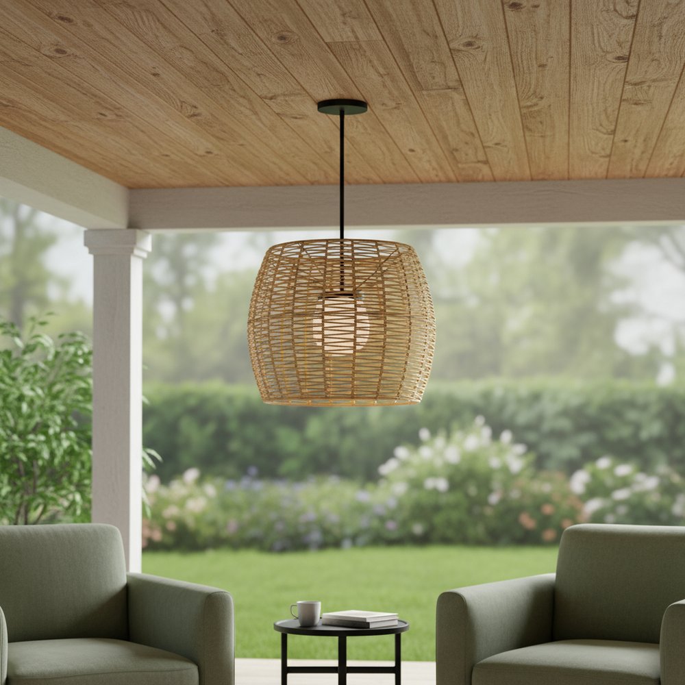 Natural And Black Rattan And Metal LED Dimmable Barrel Outdoor Hanging Pendent Light HomeRoots