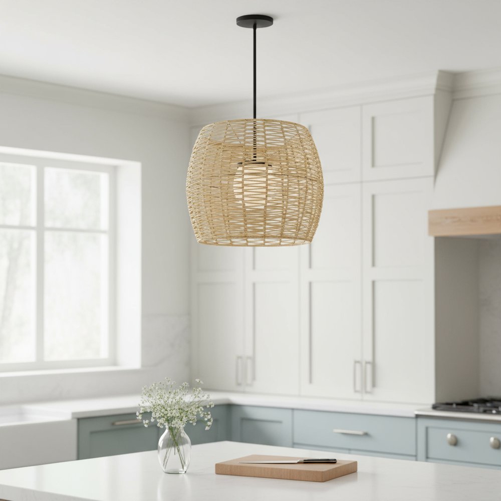 Natural And Black Rattan And Metal LED Dimmable Barrel Outdoor Hanging Pendent Light HomeRoots