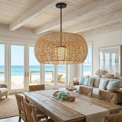 Natural And Black Rattan And Metal LED Dimmable Outdoor Hanging Pendent Light HomeRoots
