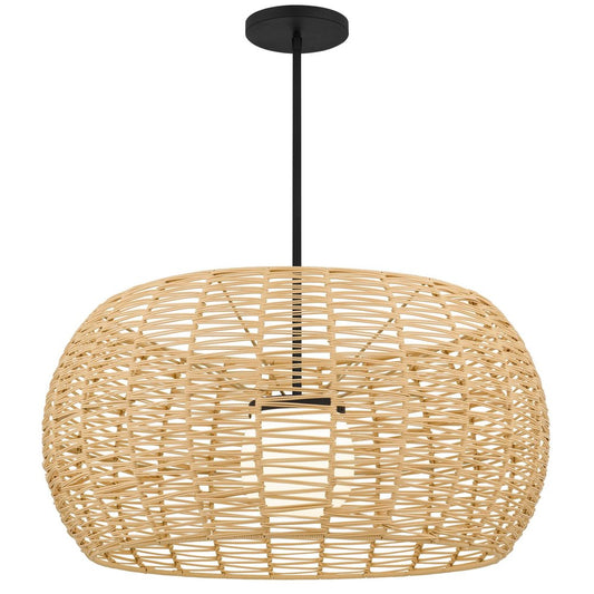 Natural And Black Rattan And Metal LED Dimmable Outdoor Hanging Pendent Light HomeRoots