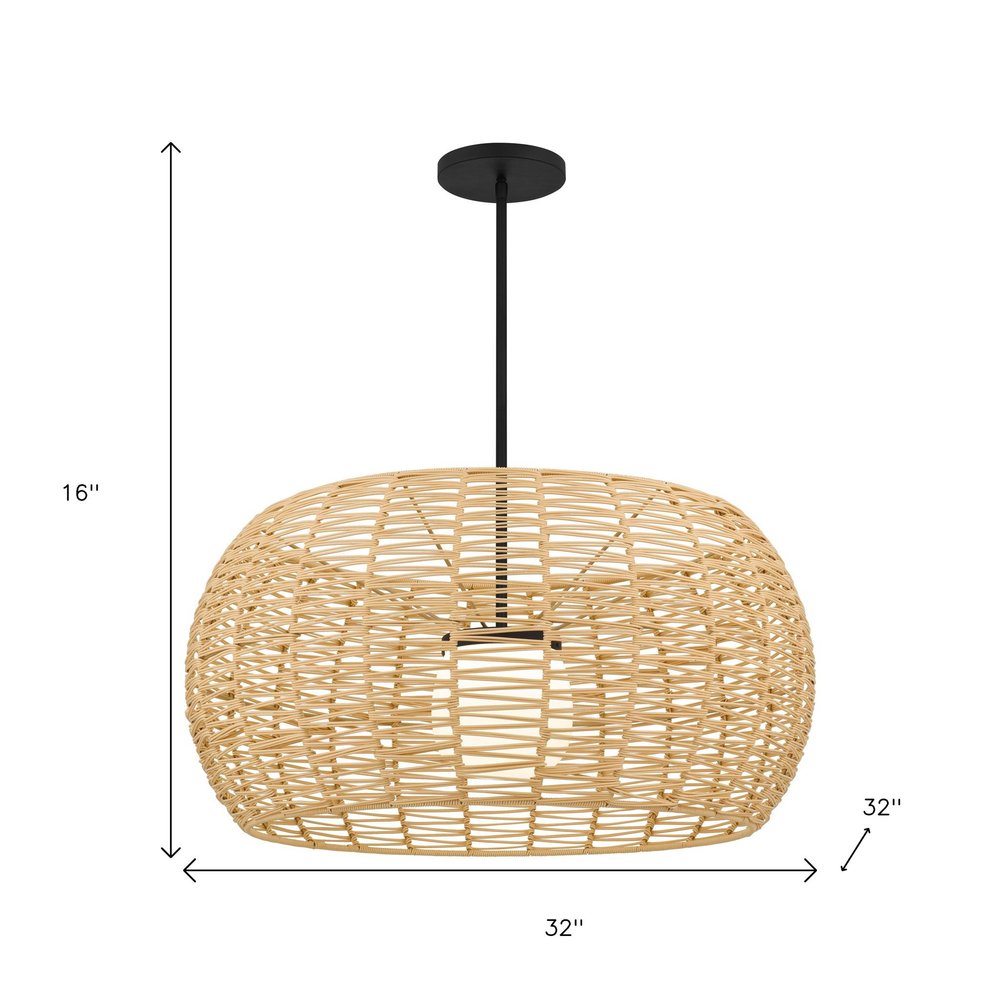 Natural And Black Rattan And Metal LED Dimmable Outdoor Hanging Pendent Light HomeRoots
