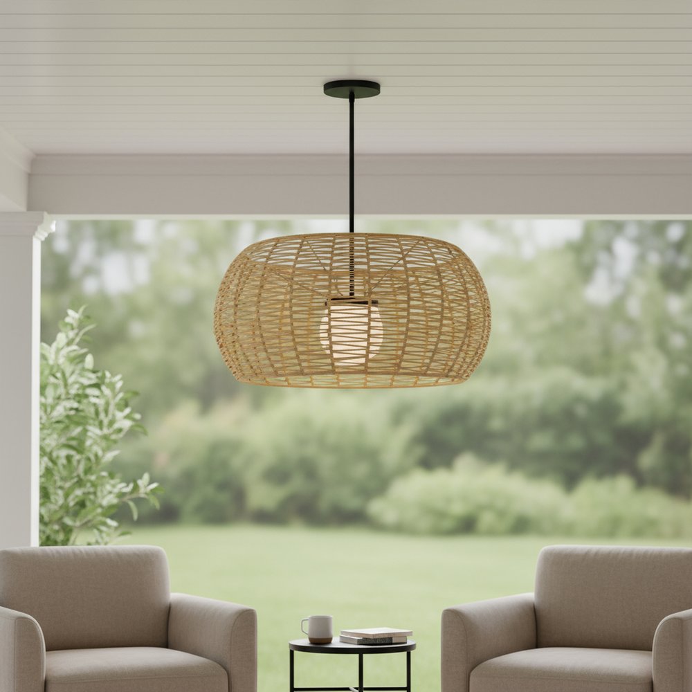 Natural And Black Rattan And Metal LED Dimmable Outdoor Hanging Pendent Light HomeRoots