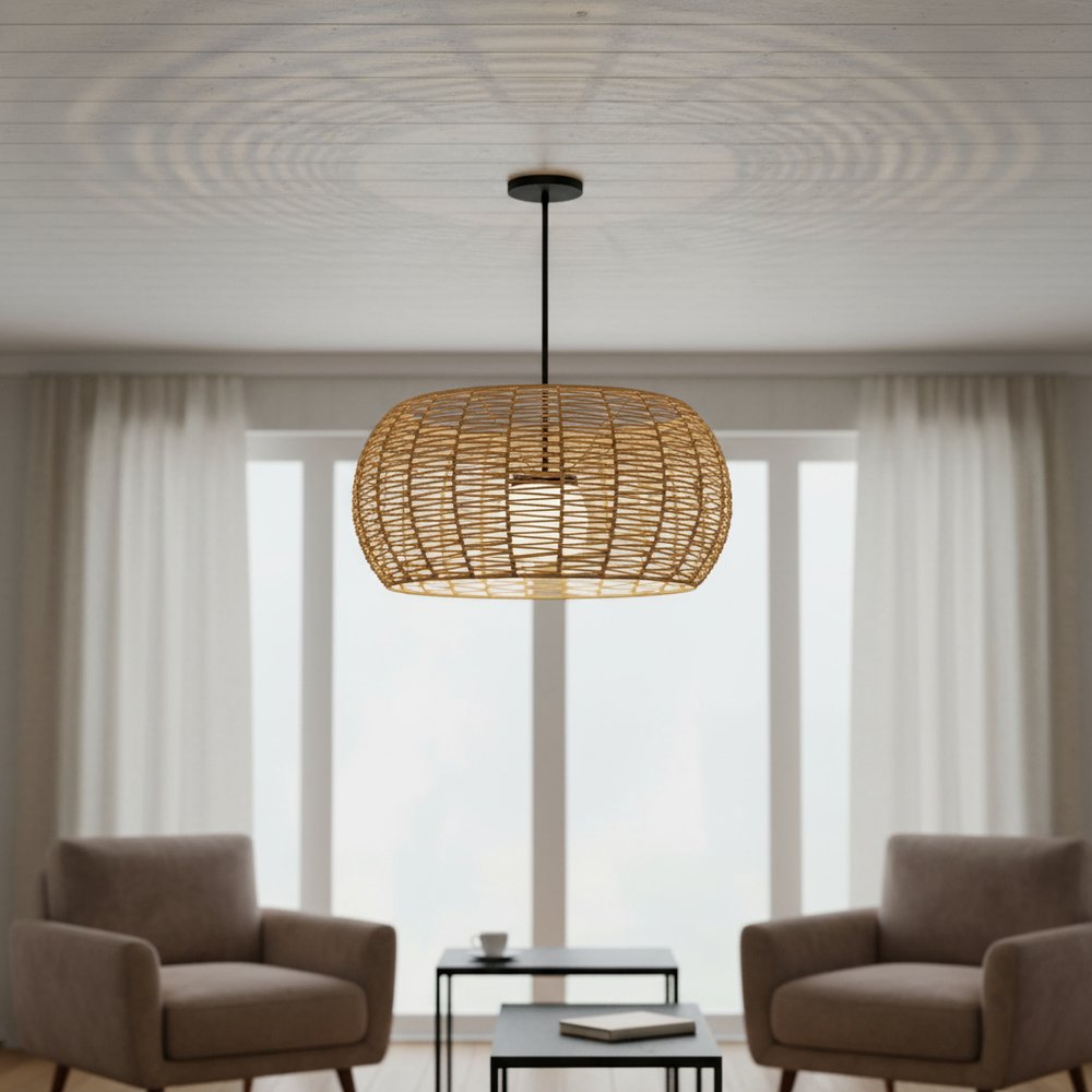 Natural And Black Rattan And Metal LED Dimmable Outdoor Hanging Pendent Light HomeRoots