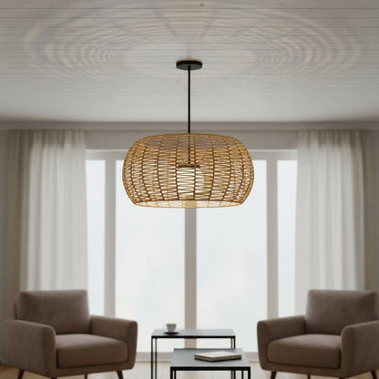 Natural And Black Rattan And Metal LED Dimmable Outdoor Hanging Pendent Light HomeRoots