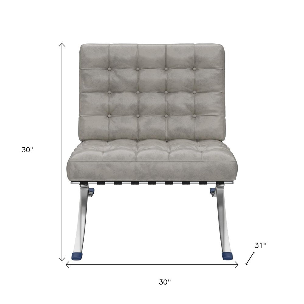 30" Gray and Silver Tufted Faux Leather and Stainless Steel Folding Lounge Chair HomeRoots