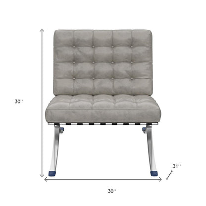 30" Gray and Silver Tufted Faux Leather and Stainless Steel Folding Lounge Chair HomeRoots