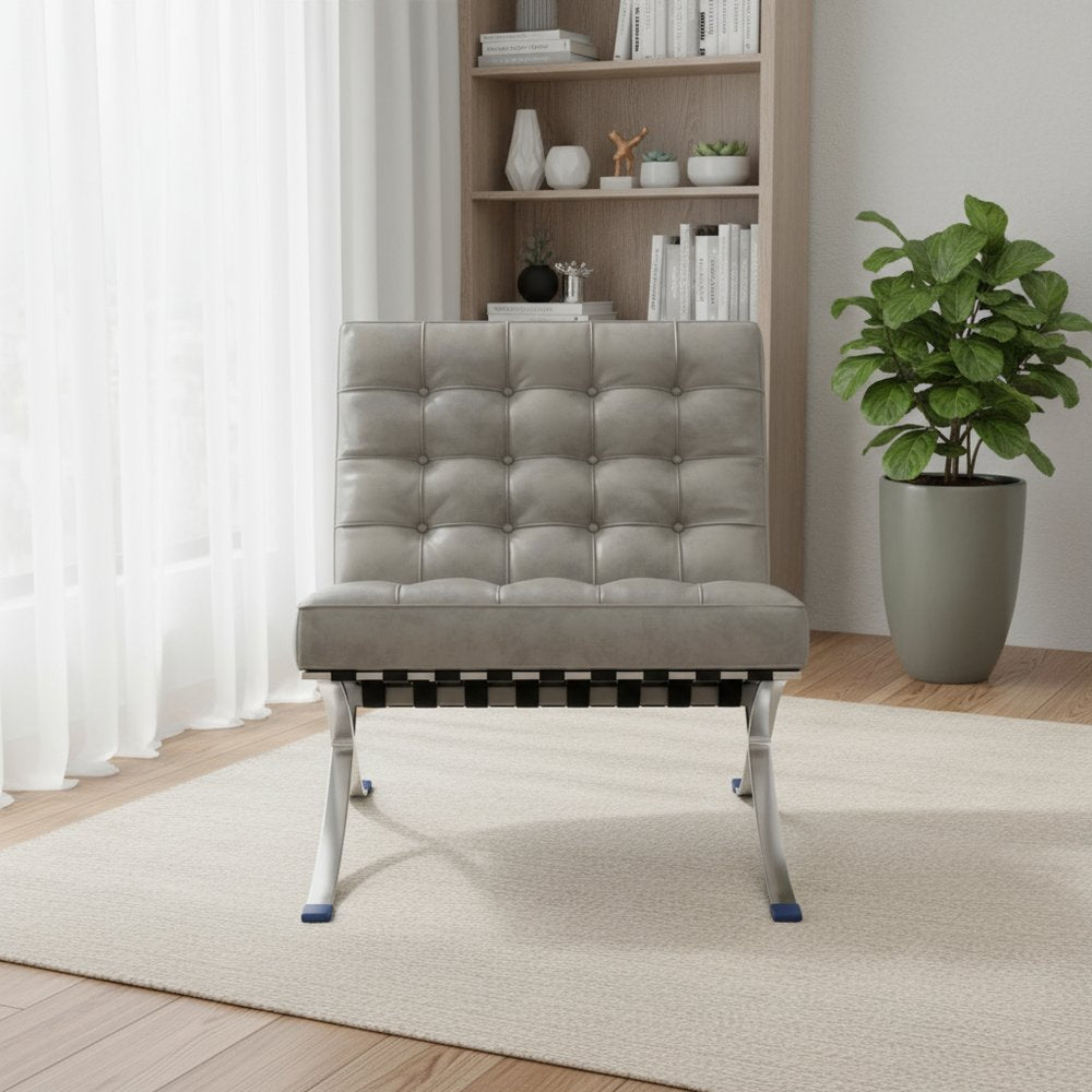 30" Gray and Silver Tufted Faux Leather and Stainless Steel Folding Lounge Chair HomeRoots