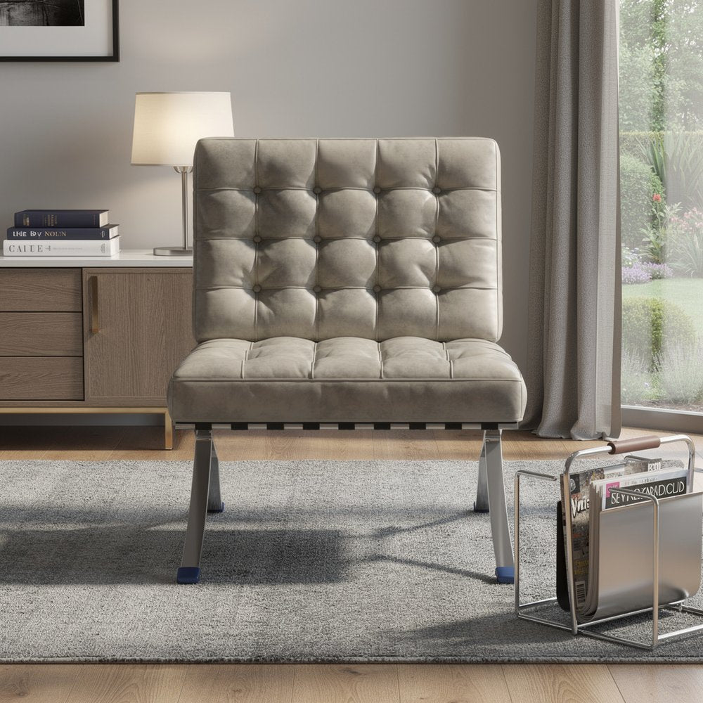 30" Gray and Silver Tufted Faux Leather and Stainless Steel Folding Lounge Chair HomeRoots