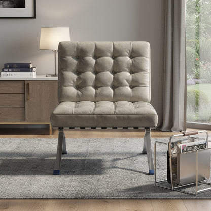 30" Gray and Silver Tufted Faux Leather and Stainless Steel Folding Lounge Chair HomeRoots