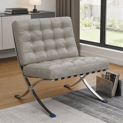 30" Gray and Silver Tufted Faux Leather and Stainless Steel Folding Lounge Chair HomeRoots