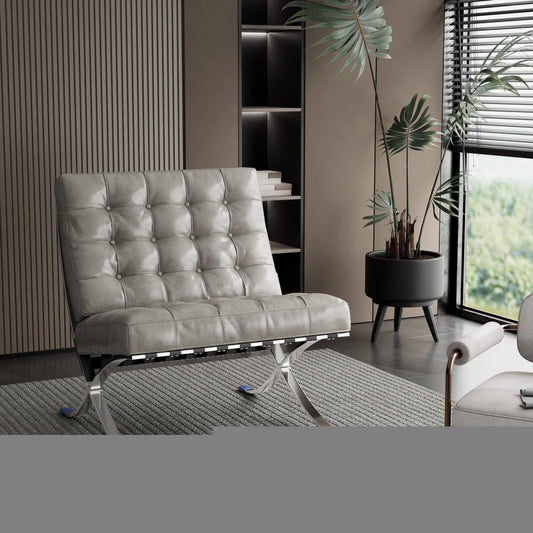 30" Gray and Silver Tufted Faux Leather and Stainless Steel Folding Lounge Chair HomeRoots