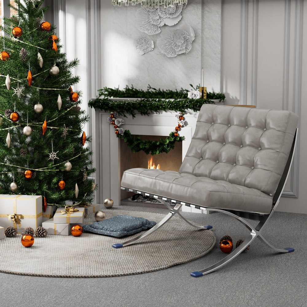 30" Gray and Silver Tufted Faux Leather and Stainless Steel Folding Lounge Chair HomeRoots