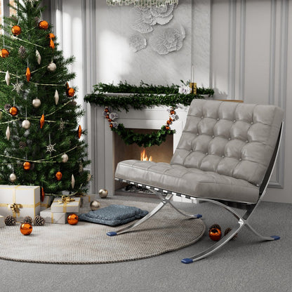 30" Gray and Silver Tufted Faux Leather and Stainless Steel Folding Lounge Chair HomeRoots