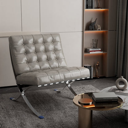 30" Gray and Silver Tufted Faux Leather and Stainless Steel Folding Lounge Chair HomeRoots