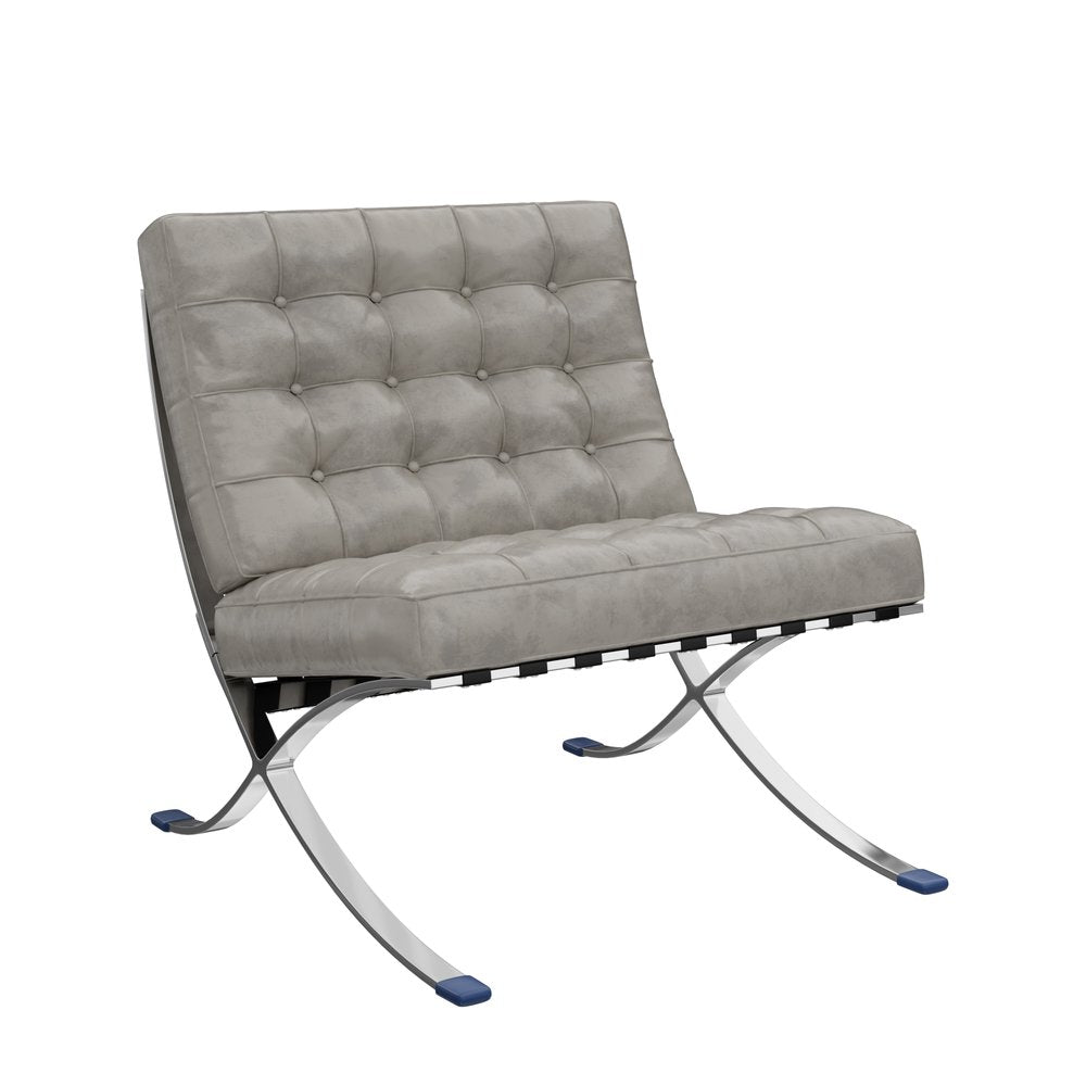 30" Gray and Silver Tufted Faux Leather and Stainless Steel Folding Lounge Chair HomeRoots