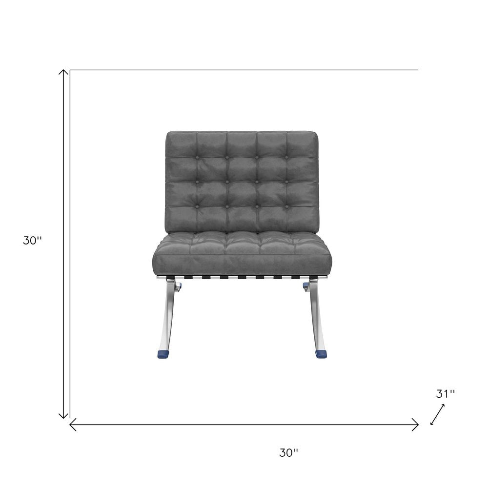 30" Dark Gray and Silver Faux Leather and Stainless Steel Folding Lounge Chair HomeRoots