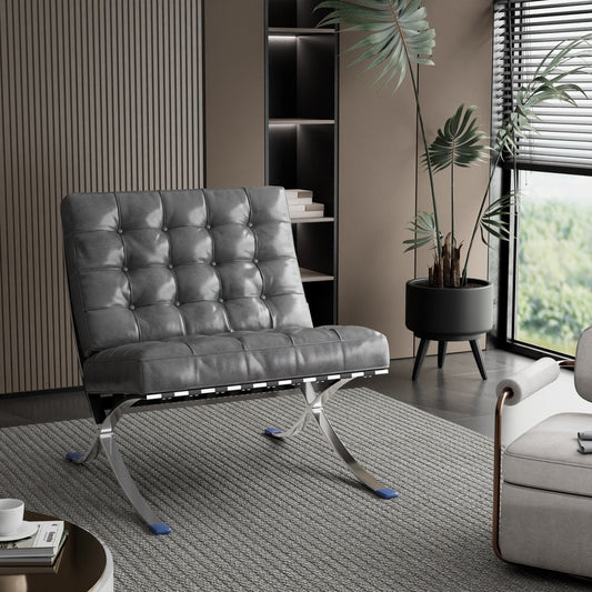 30" Dark Gray and Silver Faux Leather and Stainless Steel Folding Lounge Chair HomeRoots