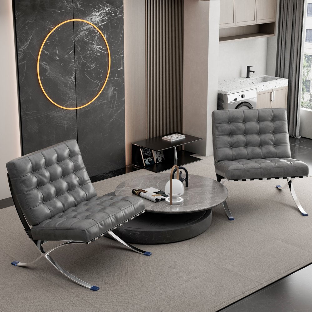 30" Dark Gray and Silver Faux Leather and Stainless Steel Folding Lounge Chair HomeRoots