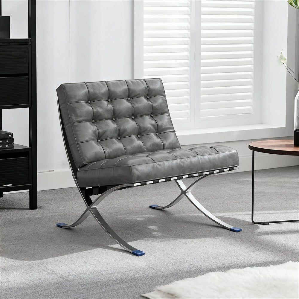 30" Dark Gray and Silver Faux Leather and Stainless Steel Folding Lounge Chair HomeRoots