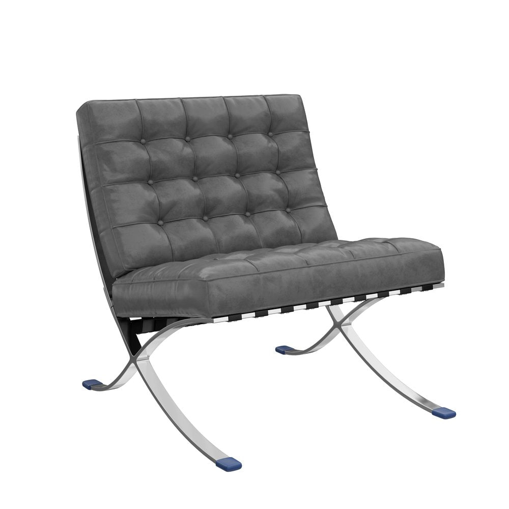 30" Dark Gray and Silver Faux Leather and Stainless Steel Folding Lounge Chair HomeRoots