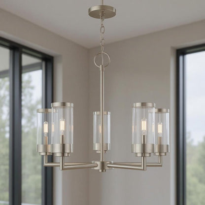 Nickel Five Light Metal Dimmable Chandelier With Shades HomeRoots