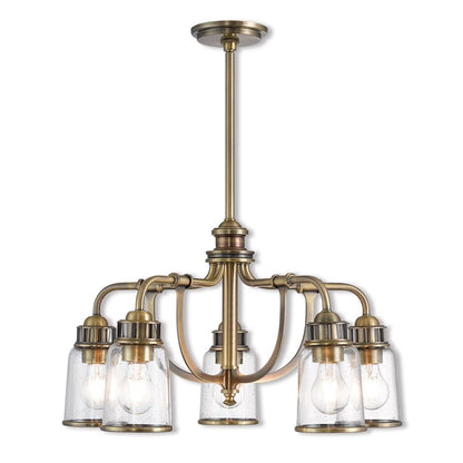 Antiqued Brass Five Light Metal Dimmable Chandelier With Shades HomeRoots
