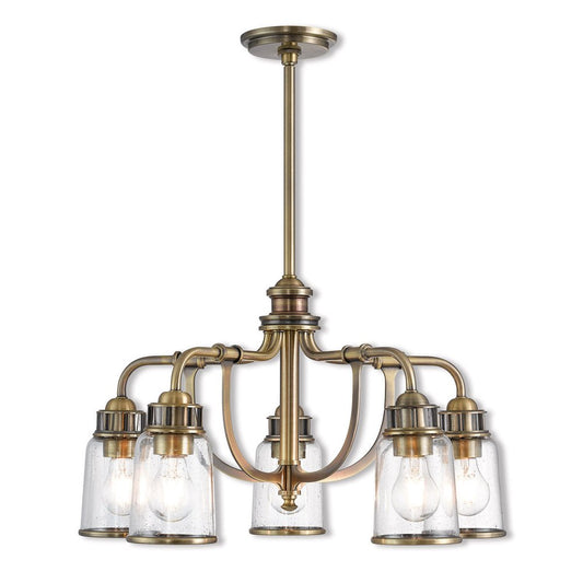 Antiqued Brass Five Light Metal Dimmable Chandelier With Shades HomeRoots