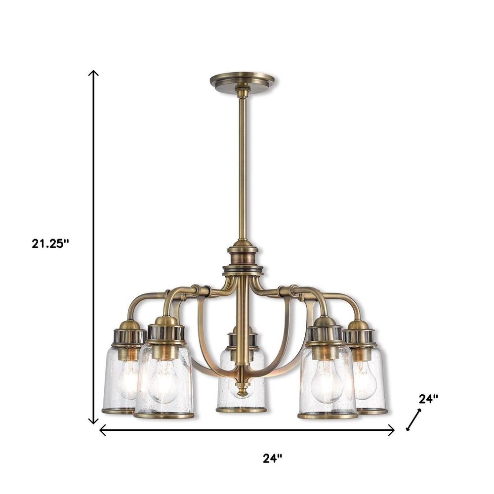 Antiqued Brass Five Light Metal Dimmable Chandelier With Shades HomeRoots