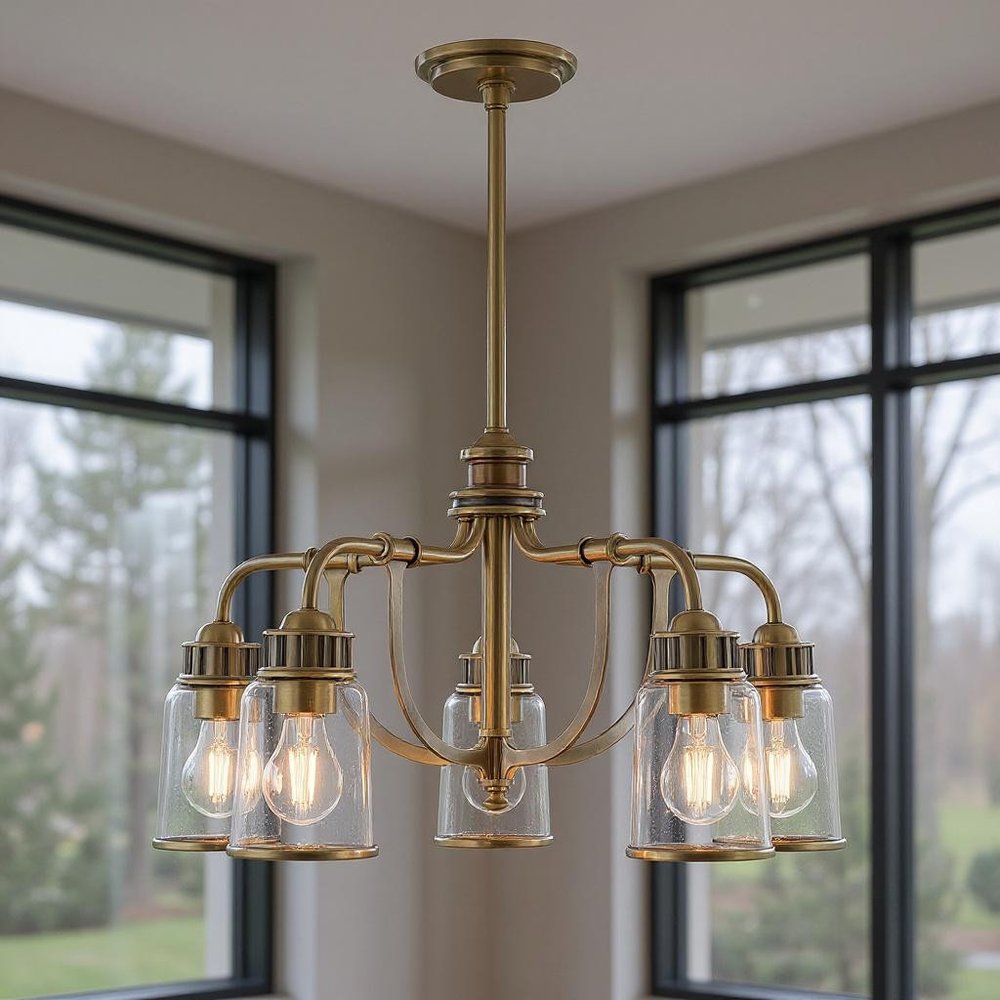 Antiqued Brass Five Light Metal Dimmable Chandelier With Shades HomeRoots