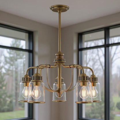 Antiqued Brass Five Light Metal Dimmable Chandelier With Shades HomeRoots