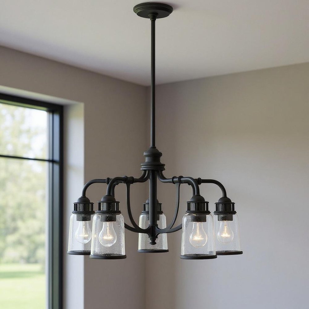 Black Five Light Metal Dimmable Chandelier With Shades HomeRoots