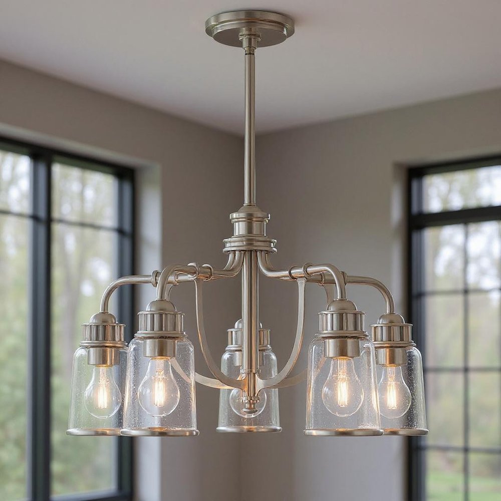 Nickel Five Light Metal Dimmable Chandelier With Shades HomeRoots