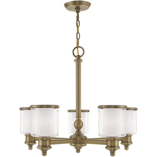 Antiqued Brass Five Light Metal Dimmable Chandelier With Shades HomeRoots
