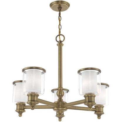 Antiqued Brass Five Light Metal Dimmable Chandelier With Shades HomeRoots