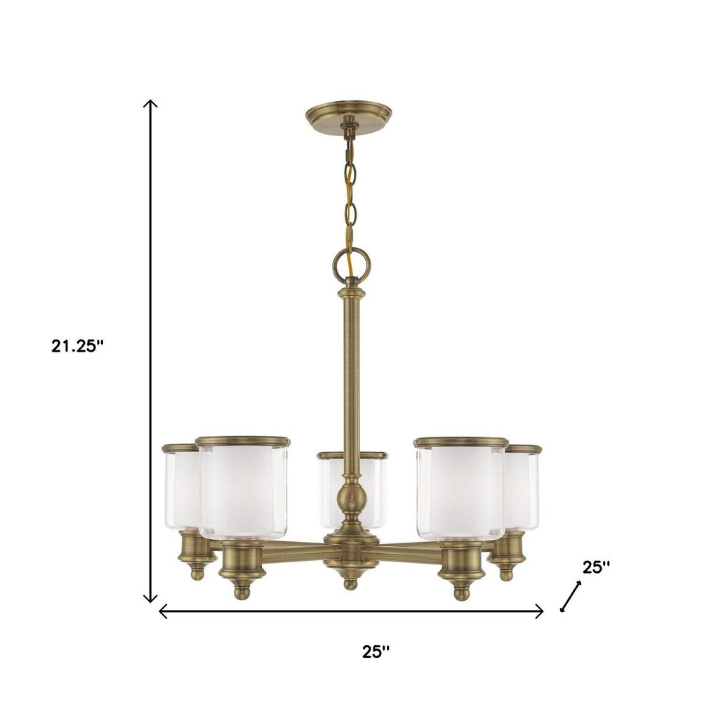 Antiqued Brass Five Light Metal Dimmable Chandelier With Shades HomeRoots