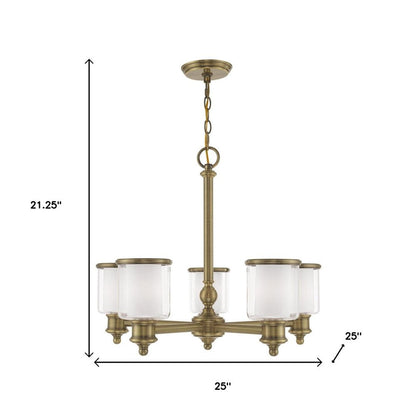 Antiqued Brass Five Light Metal Dimmable Chandelier With Shades HomeRoots