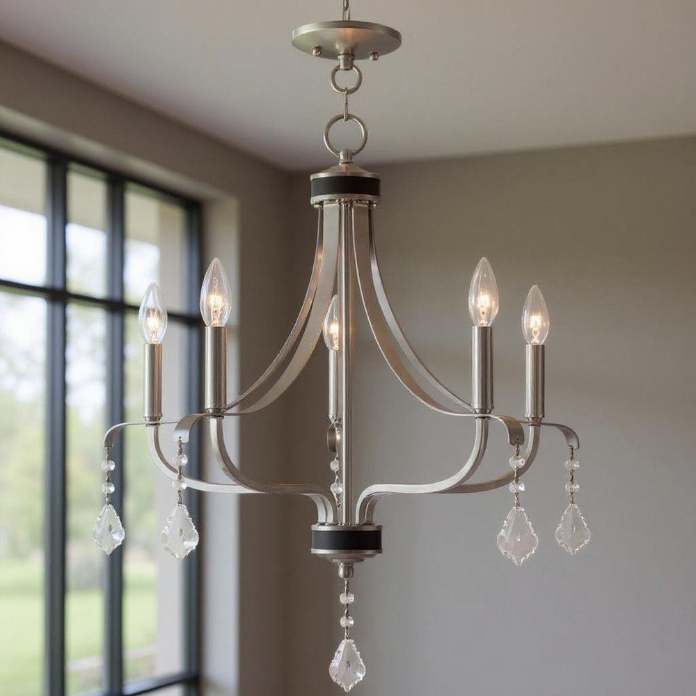 Nickel Five Light Metal Dimmable Chandelier With Shades HomeRoots
